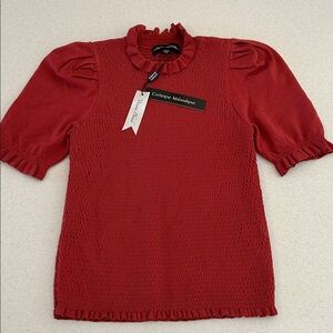 Catherine Malandrino Smocked Stretch Ruffle Blouse Top NWT Medium Viscose Henna